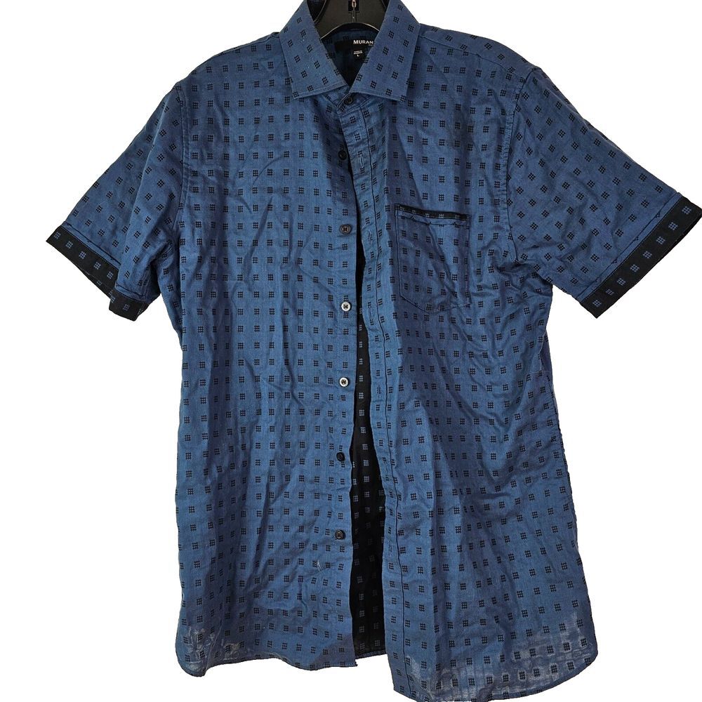 Murano Shirt L Blue Check Print Slim‎ Fit Button Up Collared Hipster Fitted SS
